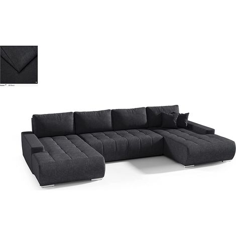 Tendencio – Canapé d'angle panoramique convertible en U – Tissu noir – Lit + coffre de rangement – Dimensions couchage 300x140cm – Longueur 350cm