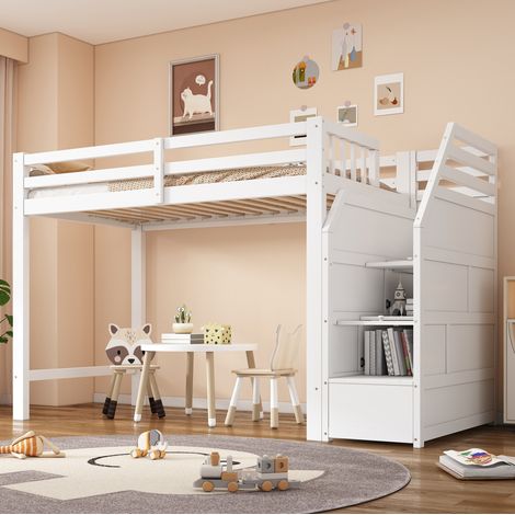 Cama infantil alta con almacenaje y barandilla blanca OKMYHOME (1/5)