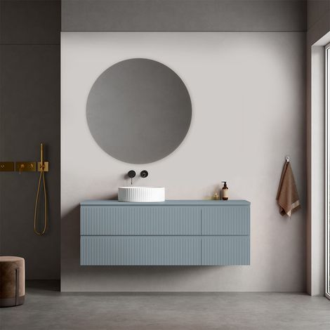 Mobile bagno sospeso cannettato reversibile  140 cm Blu Avio per Lavabo d'appoggio Specchio Tondo - Fiji Paint Top Canneté (1/4)