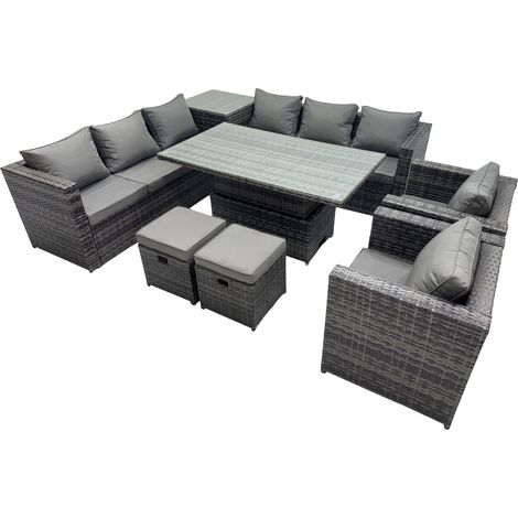 Fimous 10 Seater Outdoor Corner Sofa Height Adjustable Rising Lifting Table Set Garden Rattan Furniture Set with Side Table 2 Small Stools Dark Grey (1/5)