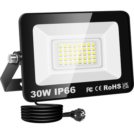 1x projecteur led extérieur avec prise, 30W 3000lm IP66 étanche 6000K blanc froid, luminaires, éclairage de sécurité, spot lampe, pour patio garage terrasse jardin chantier muraux atelier (1/5)