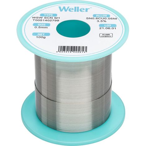 Weller WSW SCN M1 (T0051402799) Filo Saldante, Ø 0.5mm, 100g, Lega Sn99.3Cu0.6Ni0.05, Contenuto di Fondente 3,5% (1/5)