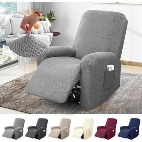 Housse de fauteuil 1 place, housse extensible avec poches, protection intégrale en jacquard rayé pour fauteuils TV et relax (gris clair, ensemble de 4 pièces) (1/5)