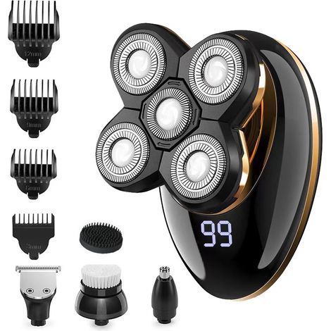 Rasoirs 5 en 1 pour homme, rasoir rotatif sans fil flottant 5D rechargeable par USB, kit de toilettage multifonctionnel, tondeuse à barbe étanche à sec et humide avec écran LED (1/4)