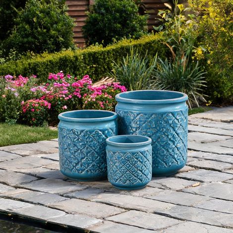 Set de 3 pots de fleurs en céramique bleu antique motifs (1/5)