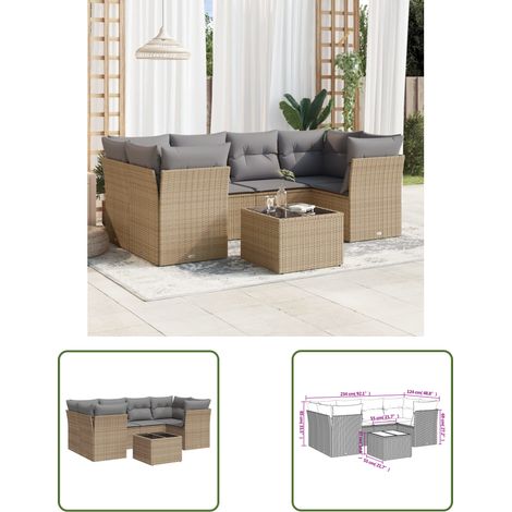 The Living Store 7-tlg. Garten-Sofagarnitur mit Kissen Beige Poly Rattan - Gartenmöbel Set - PE-Rattan Möbel - Outdoor Sofa - Esstisch - Lounge Garnitur (1/3)