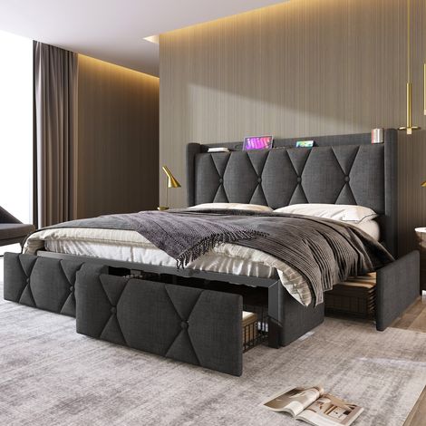 Lit double 160x200 avec coffre et tiroirs gris rembourré USB (1/4)
