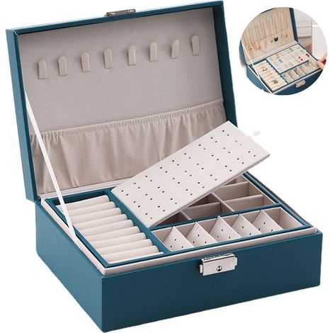 joyero, 2 niveles, piel sintética, bandeja extraíble, cerradura con llave, para mujeres y hombres. (1/5)