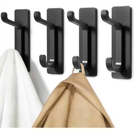 Gancio adesivo da parete, portasciugamani da bagno, gancio per strofinacci da cucina, appendiabiti adesivo, montaggio a parete senza foratura, impermeabile, antiruggine, nero, 4 pezzi (1/5)
