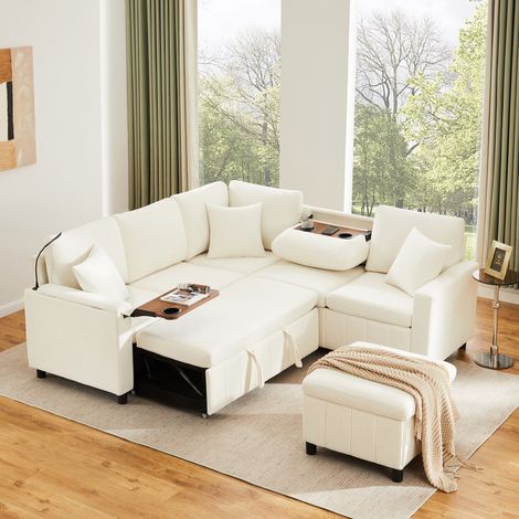 Canapé convertible 4 places en chenille avec repose-pieds,lampe de lecture,USB-C,table escamotable,table basse coulissante avec 2 porte-gobelets,beige (1/5)
