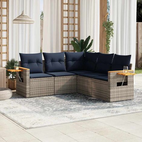 5-tlg. Garten-Sofagarnitur mit Kissen Grau Poly Rattan (1/5)