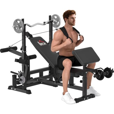 Banc de musculation réglable en acier PU noir avec support haltères, dimensions 210x110x103-123 cm, idéal pour fitness à domicile (1/5)