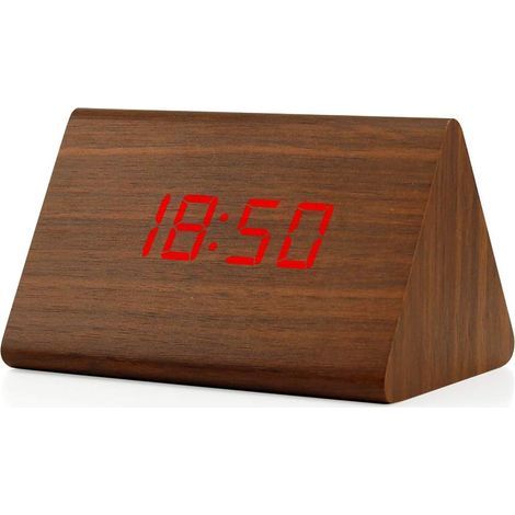 Digitaler Wecker, Wecker aus Holz, modernes Dreiecksdesign, zeigt Uhrzeit, Datum, Temperatur und Kalender an. (1/5)