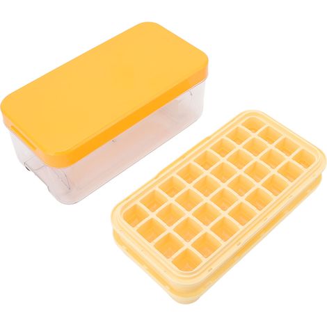 Bac à glaçons avec couvercle, pelle à glace et rangement pour 64 glaçons (2 niveaux), en silicone jaune à démoulage facile. (1/5)