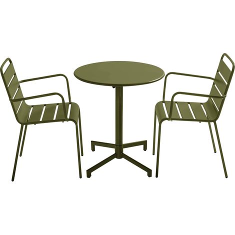 Ensemble table de jardin et 2 fauteuils en métal vert kaki - Palavas