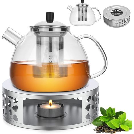 Teapot with Infuser,  1500 ML Glass Teapot + Candle Tea Warmer,  Glass Teapot with Warmer,  Removable Infuser and Stainless Steel Filter,  Gifts and Home Decor (1/5)