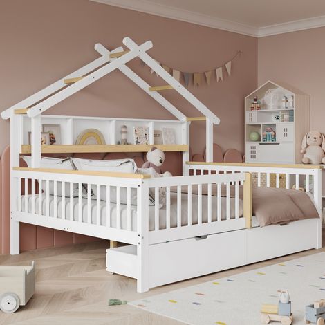 Letto bambino casetta 140x200 cm con sponde, 2 cassetti, bianco naturale DESVIAE (1/5)