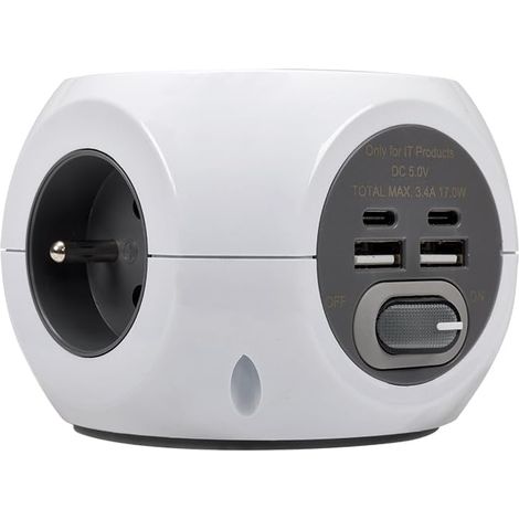 Multiprise avec Prises Françaises, 2 Ports USB-A et 2 Ports USB-C, 7 Prises de Charge, Interrupteur, Blanche (1/4)
