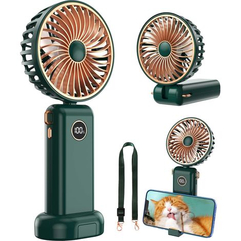 Ventilateur à main 4 en 1 mini ventilateurs portables, ventilateurs USB rechargeables avec support pour téléphone, puissant 3 vitesses, ventilateur à main pliable silencieux pour voyage, bureau (1/5)