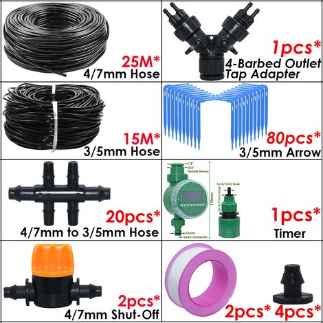 (SPL11-283B-25M-T) Kit d'irrigation goutte à goutte automatique avec émetteur coudé vert pour jardin, compatible avec les tuyaux de 4/7 à 3/5 mm, idéal pour les bonsaïs en pot.