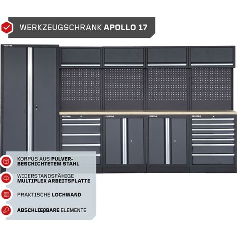 FEISTOS Werkstatteinrichtung  Werkzeugschrank Apollo 17  inkl. Lochwand  Grau/Schwarz  364x46x200 cm (1/5)