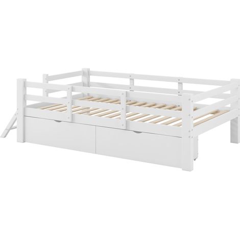 Cama infantil 90x200 cm de MDF y pino con barreras de seguridad y 2 cajones, blanco HOMVRA (1/5)