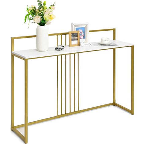 COSTWAY Tavolo Consolle 120 cm, Tavolo d’Ingresso con Piano Effetto Marmorino e Sponda, Consolle con Struttura in Metallo Dorato per Salotto, Corridoio e Ingresso (Bianco)