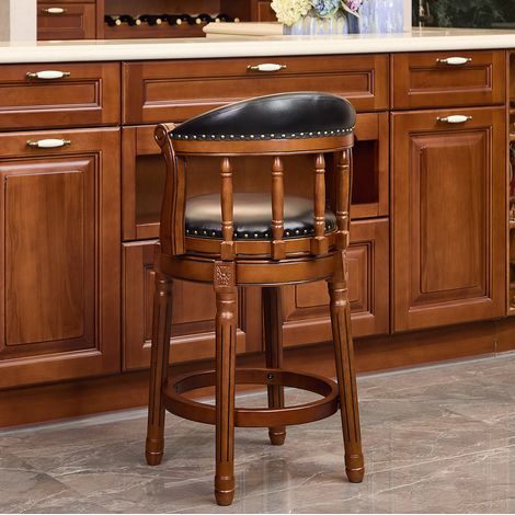 Tabouret de bar pivotant 55x52x96 cm en bois et cuir noir, facile à monter pour cuisine FLORAGRACE (1/5)