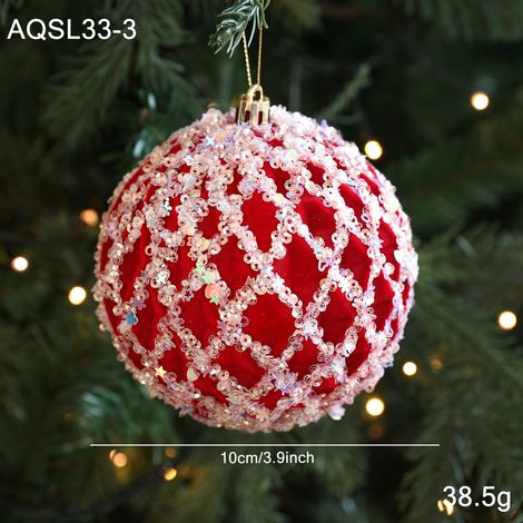 Boule de Noël en velours flocké rouge 10 cm avec nœud et boucle dorée (1/2)