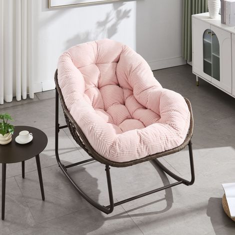 Rocking chair en rotin pour extérieur, avec dossier, coussin, rose
