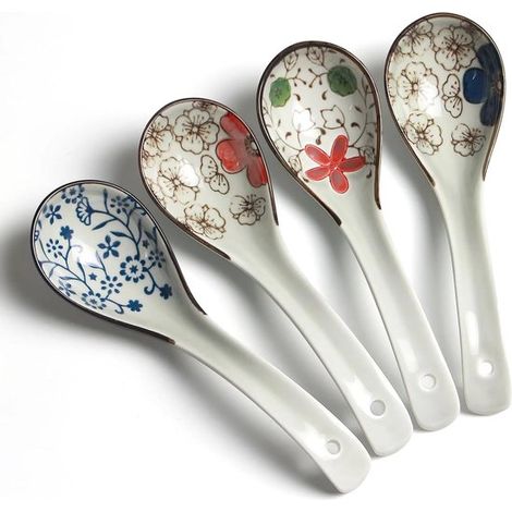Set di 4 cucchiai in ceramica decorati, cucchiai da zuppa in porcellana giapponese, con manici lunghi, cucchiai da zuppa asiatici (1/5)