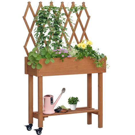 Outsunny Hochbeet mit Rankgitter, Blumenkasten mit Ablage, Pflanzkübel mit Rollen, Pflanzkasten für Terrasse, Balkon, Massivholz, Braun, 79 x 29 x 130 cm
