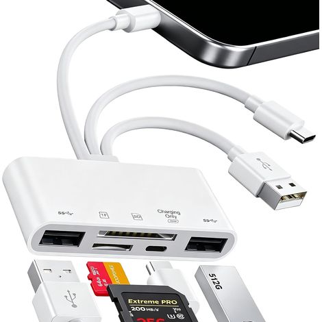 Lecteur de Carte Mémoire 5-en-1, Lecteur de Carte SD et TF avec Triple Câble Intégré, Adaptateur USB OTG pour Téléphone et Ordinateur, USB-A et USB-C, Blanc