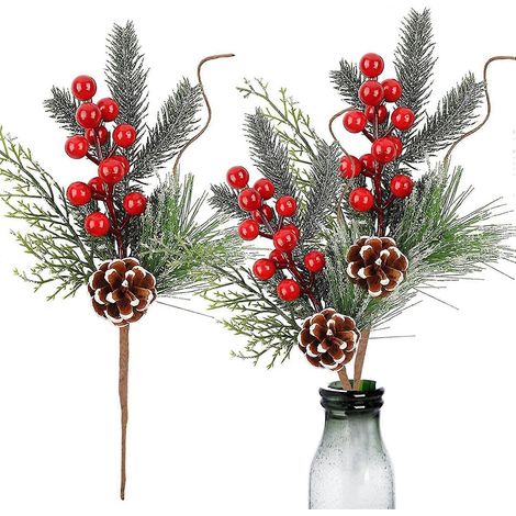 10 piezas de ramas de bayas navideñas artificiales de pino, ramas florales de pino, ramas de bayas rojas para bodas y jardines. (1/5)