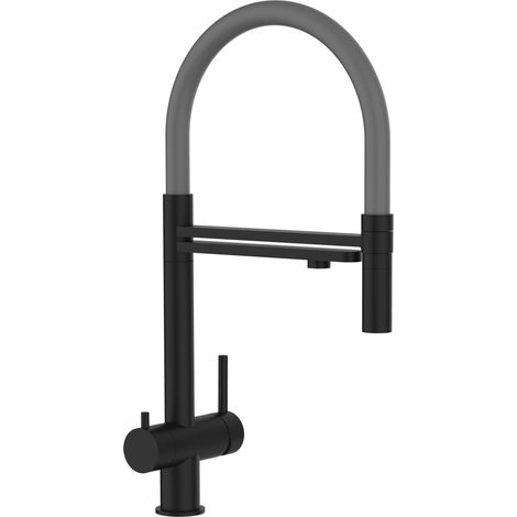 Rubinetto 3 VIE miscelatore lavello cucina in ACCIAIO INOX, canna girevole 360° e doccetta 2 getti movibile, PVD Nero Opaco / Grigio (1/5)