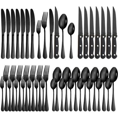 48-teiliges, hochglanzpoliertes Edelstahl-Besteckset – Service für 8 Personen mit Steakmessern – Schwarzes Besteckset (1/4)