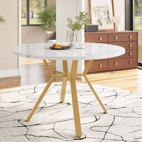 Tavolo da pranzo rotondo 100x100x75 cm bianco effetto marmo in MDF e acciaio con struttura X dorata (1/5)
