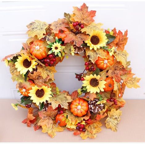 Ghirlanda autunnale da 50 cm con foglie artificiali gialle e rosse, ghirlanda di foglie d'acero e bacche di zucca, ideale per la porta d'ingresso di casa, centri commerciali, autunno, Halloween, Giorn (1/4)