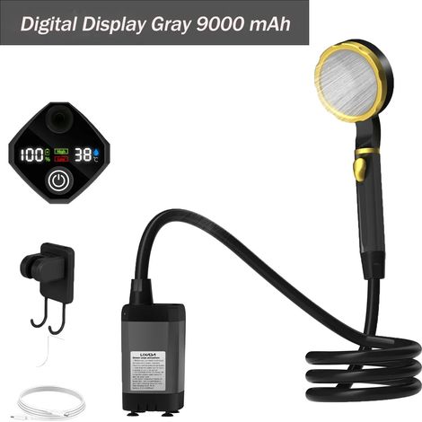 Pompe de douche de camping (Gris 9000 mAh) Kit de douche extérieure pour camping-car avec écran numérique intelligent et réglable, outils de plein air (1/4)