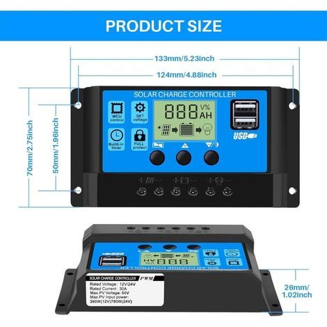 30A 12V/24V Contrôleur de Charge Régulateur Panneau Solaire de Batterie Intelligent PWM avec 5V Double Port USB LCD Affichage pour Les Batteries Plomb-acide (1/4)