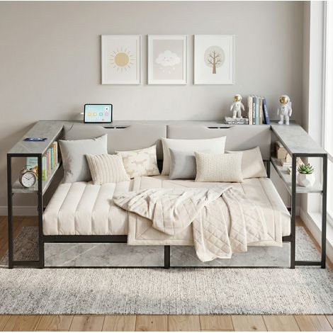 Lit banquette 160 x 200 cm rembourré gris avec USB, Type-C et 2 tiroirs de rangement – couchage (1/5)