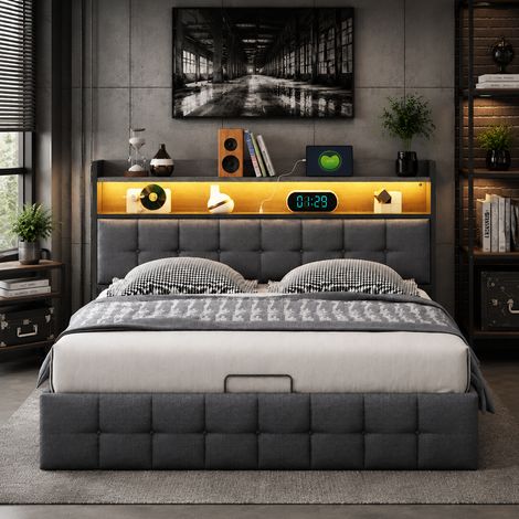 Lit coffre 140x190 cm avec sommier à lattes, lit double capitonnée avec chevet, LED et USB, rangement hydraulique, velours gris (1/5)