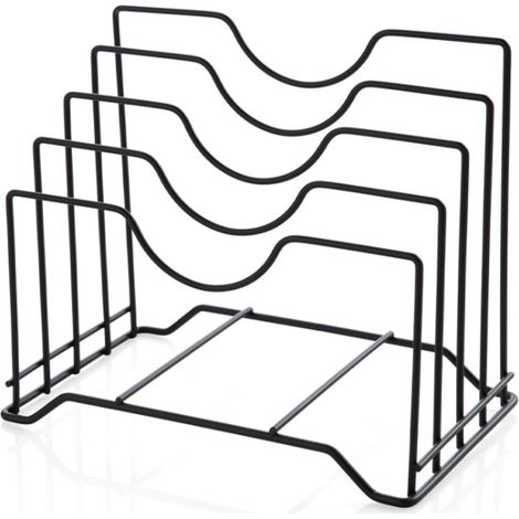 Soporte metálico de 4 ranuras para tapas de ollas, utensilios, tabla de cortar, plato y fuente (negro)