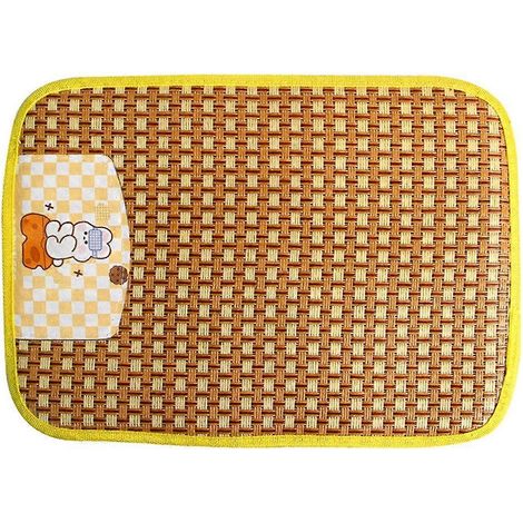 Tapis rafraîchissant pour chats et chiens - Coussin d'été naturel respirant en rotin tressé, jaune, idéal pour la sieste des animaux. (1/4)