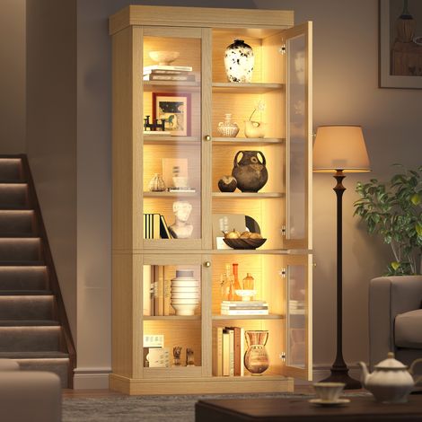 Meuble haut LED avec vitrine en verre et rangement, anti-basculement, 80x40x180 cm, MDF bois naturel (1/5)
