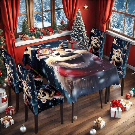 Nappe de Noël imprimée numériquement, décoration de table et housse de chaise en soie de lait, ensemble TC-120 (140 x 210 cm, imperméable) (1/4)