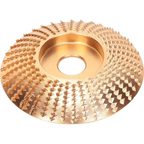 Geschnitzte Holzschleifscheibe für Winkelschleifer, 85 mm Außendurchmesser (goldfarbene Bogenform). (1/5)