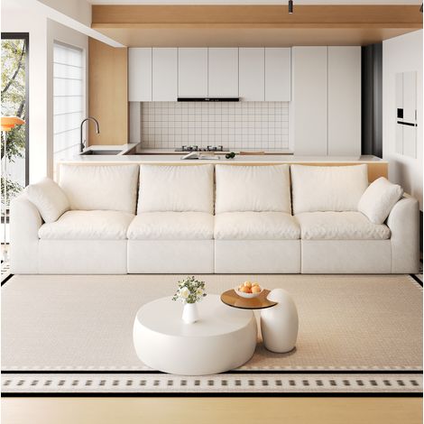 Divano lineare 4 posti 310x90x83 cm in tessuto di lino beige bianco - MEUBLIV (1/5)