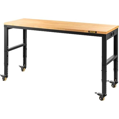 Mesa de trabajo robusta, altura regulable, tablero de roble duradero, capacidad de carga de 900 kg para oficina y hogar, 61 x 20 pulgadas con ruedas. (1/2)