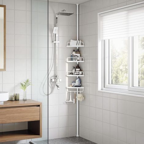 Songmics – Étagère de douche télescopique 85-305 cm – 4 niveaux – Fixation sans perçage – Tubes en acier plastifié – Organisateur d'angle blanc